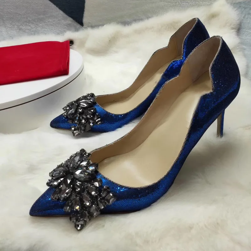 Женские вечерние туфли с острым носком серебристые/серые на высоком каблуке