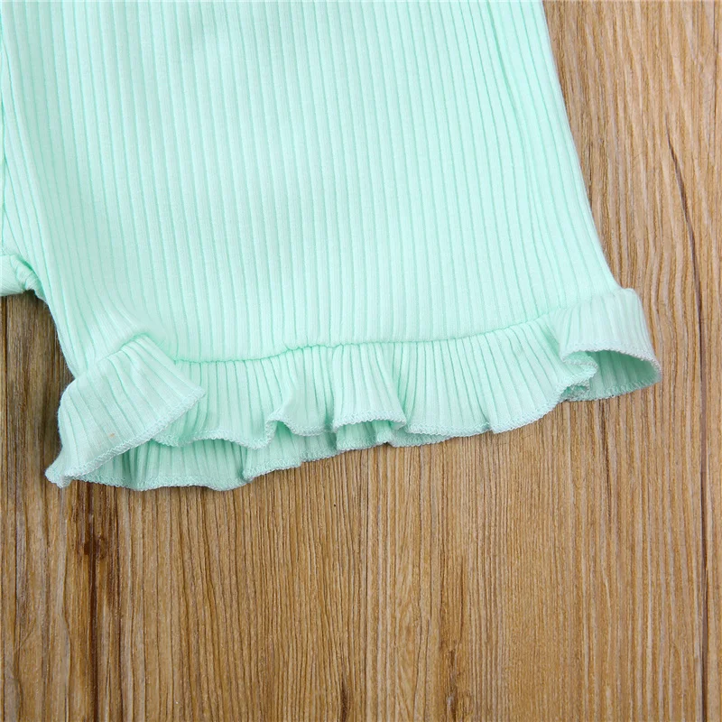 

2Pcs Toddler Baby Girls Ribbed Clothes Sets,Girls Infant Casual Breathable Fly Sleeve O-Neck Pullover+Ruffle Shorts for Summer