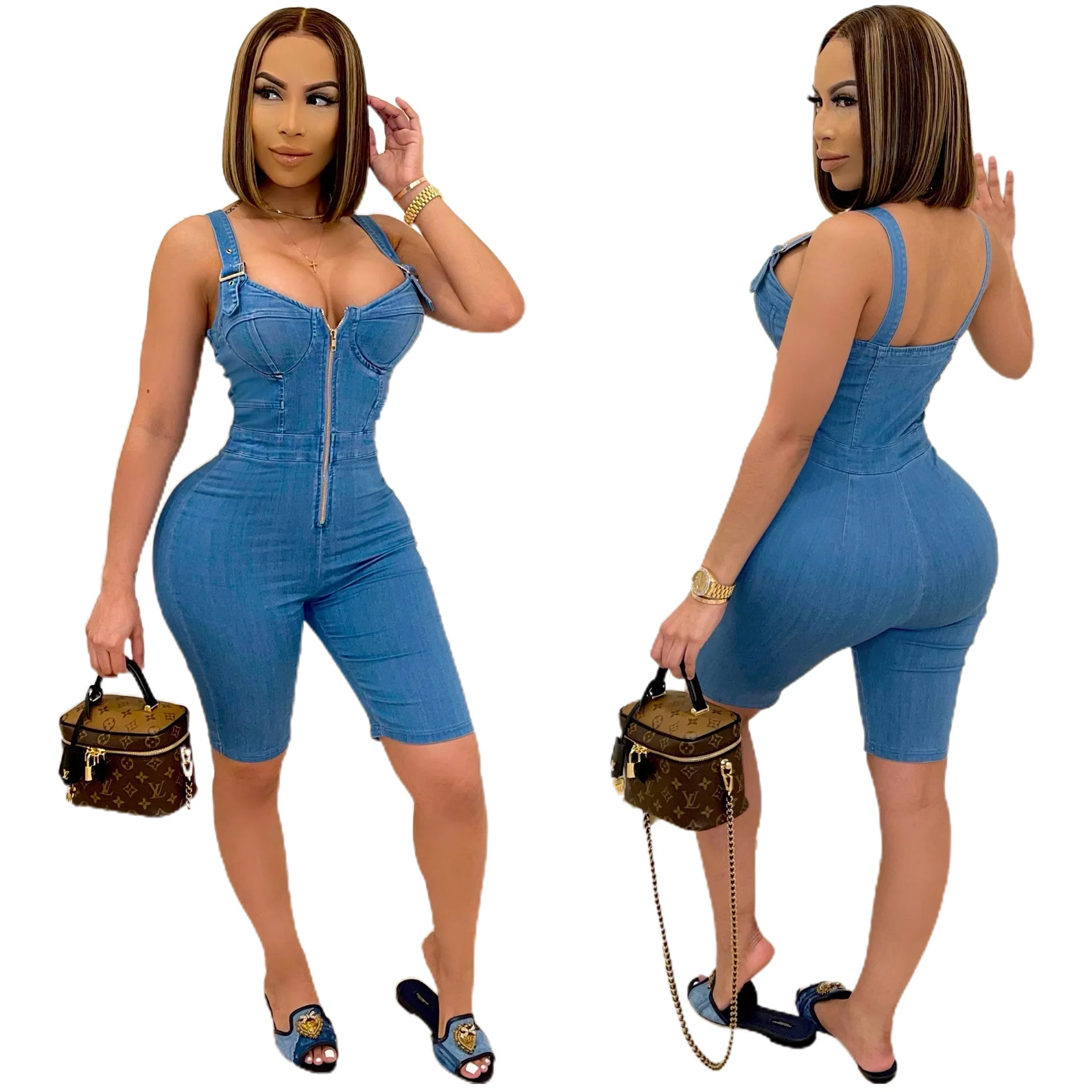 

Thick Strap Sleeveless Zipper Design Skinny Rompers Jumpsuit Women Playsuits Summer One Piece Overalls