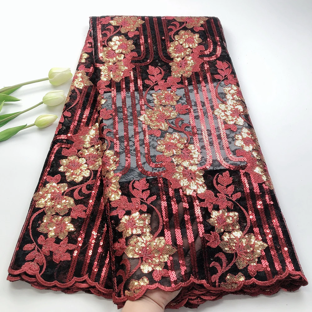 

African French Net Embroidered Beaded Sequin Lace Fabric 2020 Nigerian Sequence High Quality Mesh Tulle Dress Sewing Materials