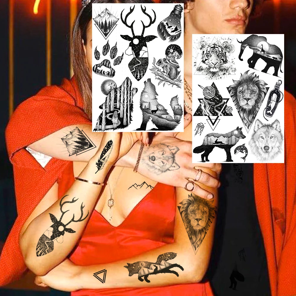 Черная гора временная татуировка для мужчин и женщин лося волк Вселенная тату