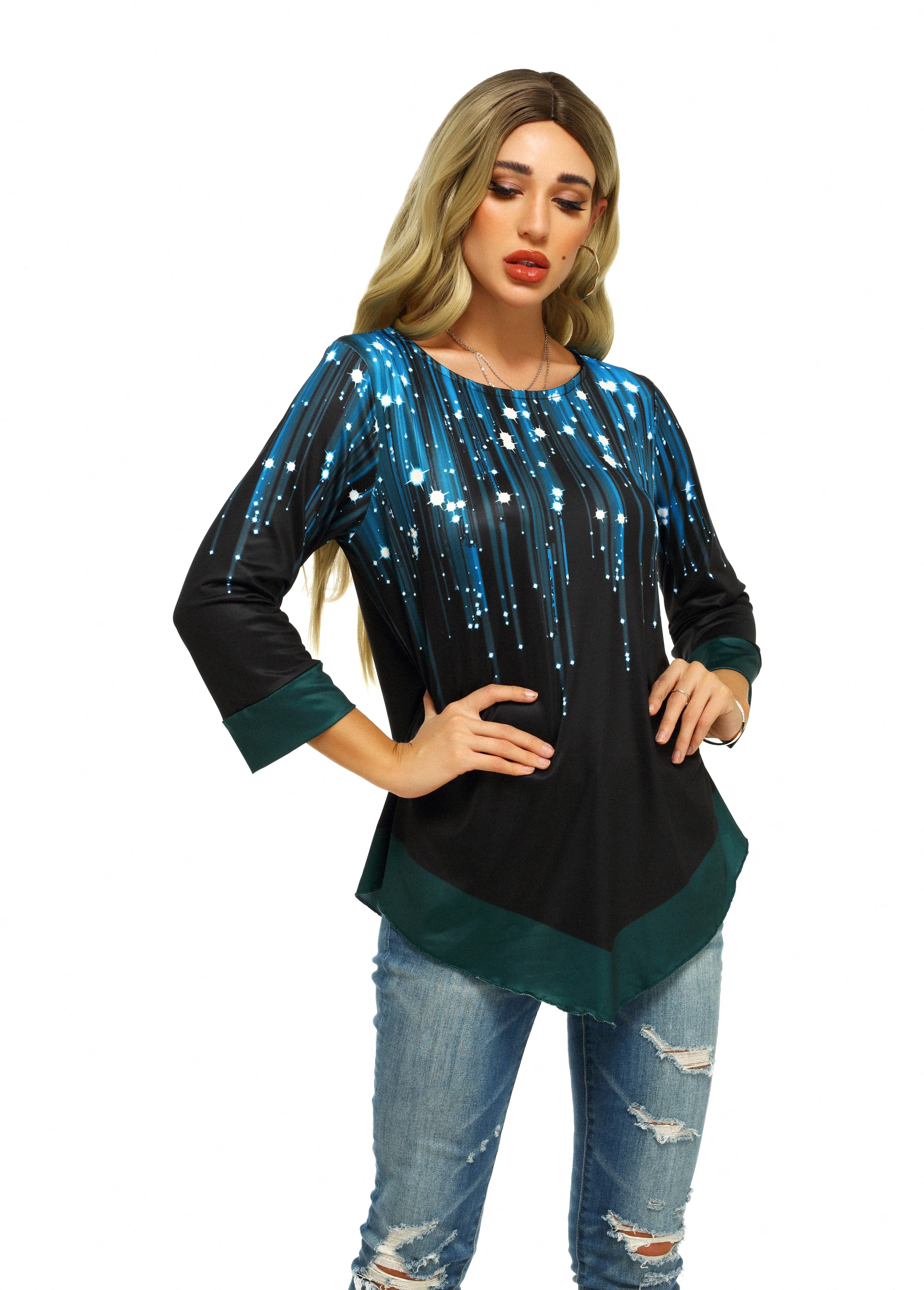 Фейерверк печатных футболка с длинным рукавом Топ для женщин 2020 новый дизайн