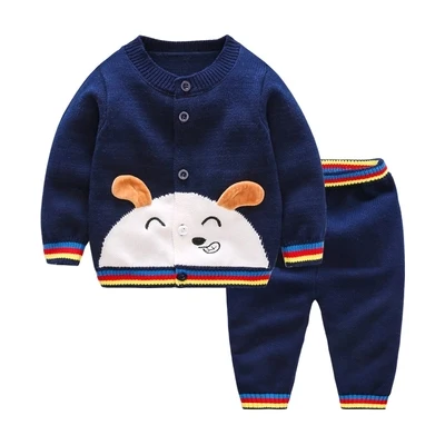 as picture navy blue Весенне-осенний шерстяной комплект для маленьких девочек и мальчиков вязанный хлопковый свитер, комплекты одежды теплый пуловер для малышей, брючный костюм Одежда для новорожденных - Цвет: as picture navy blue