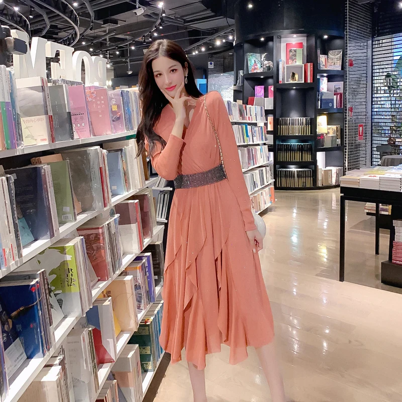 

Женское шифоновое платье с длинным рукавом, Элегантное повседневное розовое платье с оборками вечерние поясом, Осень-зима 2019