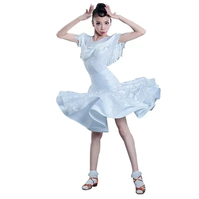 

Lace Fringed Dress Girl Latin Dance Dress Competition For Children Ballroom Kids Skirt Tango Salsa Dancewear Practice Wear White