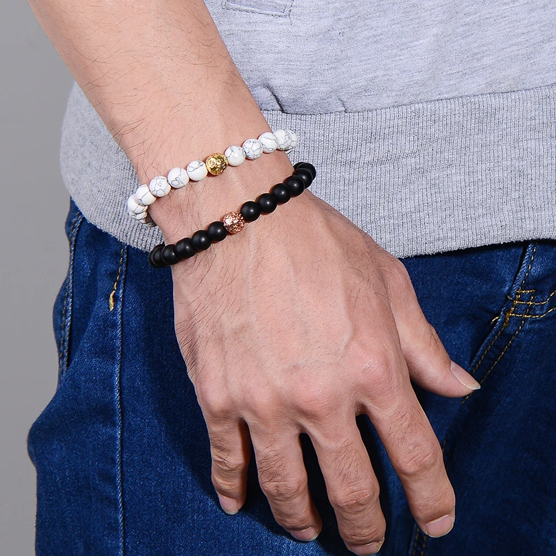 2Pcs/Set Gold Volcanic Stone Bracelet Set Women Men Jewelry Trendy White and Black Beaded Bracelets Couple Gift Pulsera Hombre | Украшения