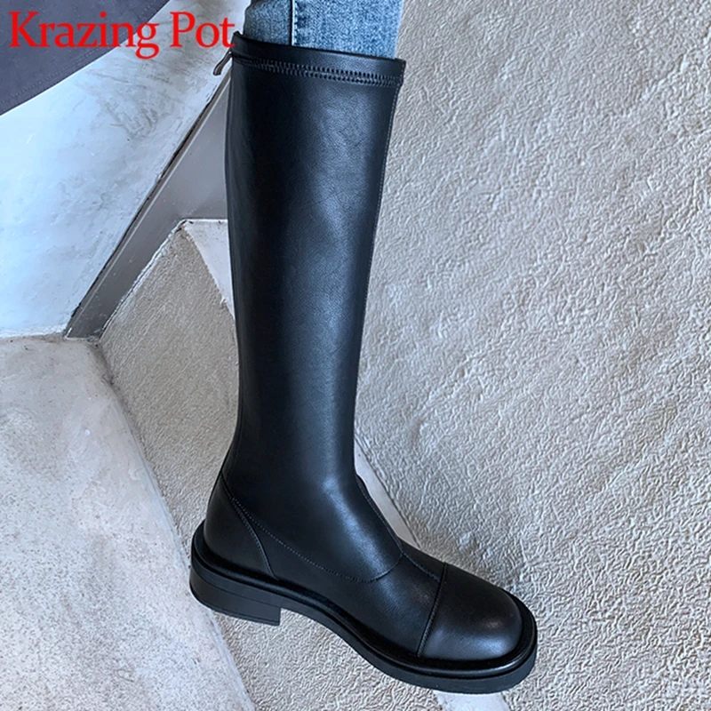 

Krazing Pot hot saling winter real cow leather skinny boots round toe stovepipe med heels concise gladiator thigh high boots l42