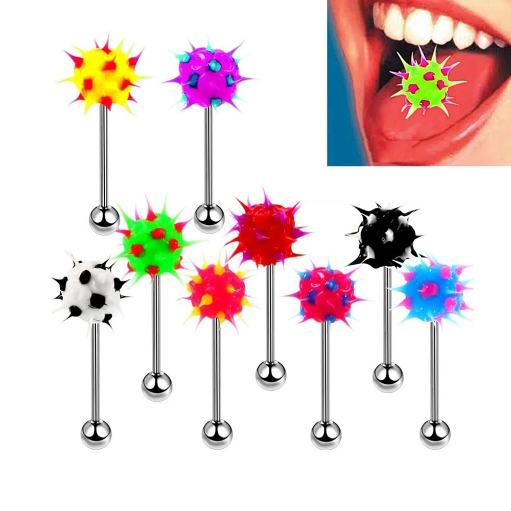 

HONGTU 10pcs Colorful Silicone Tongue Rings Women Stainless Steel Tongue Piercing Barbell Tongue Ring Bar Funny Body Jewelry 16g