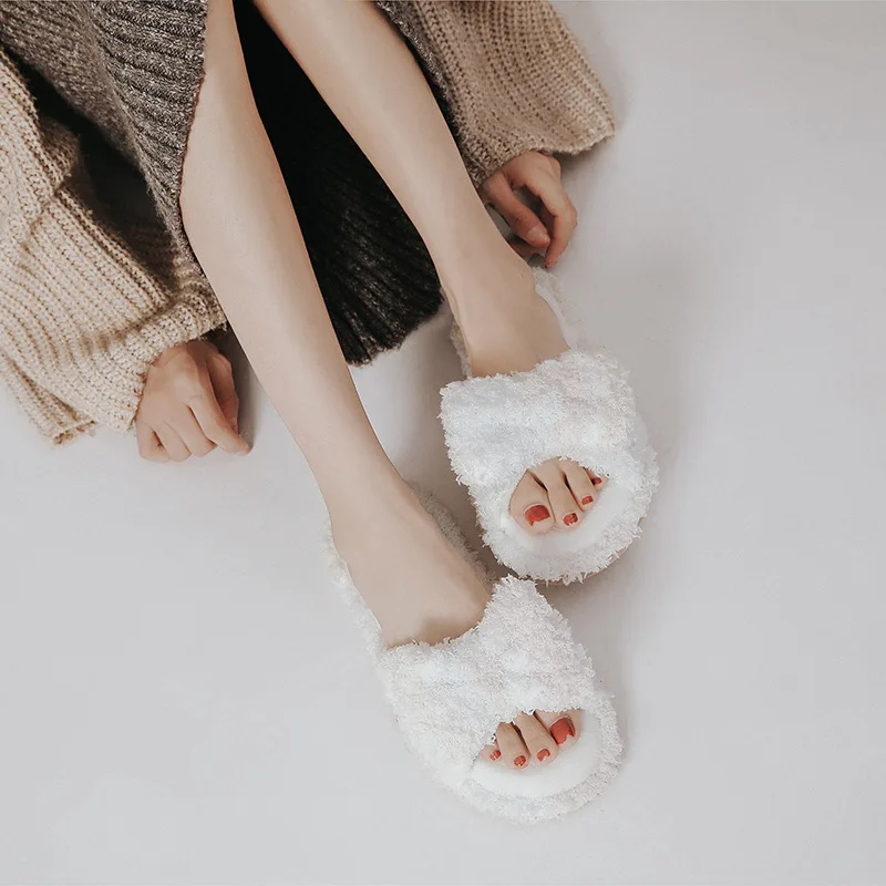 Домашняя обувь с открытым носком Sweet Macarons японские милые меховые слипоны Тапочки