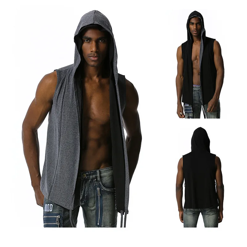 

Men Clothing 2021 Spring Summer New Men's Hip-hop Dark Black Vest Men Fake Two-piece Sleeveless Hooded Vest Men