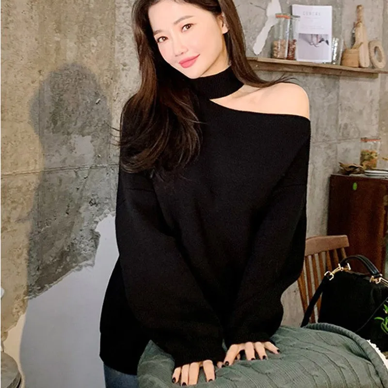 B New fashion Female Off-shoulder halter Slim Bottom Sweater Solid Color Loose Split Long-Sleeved Autumn Winter Women - Цвет: B