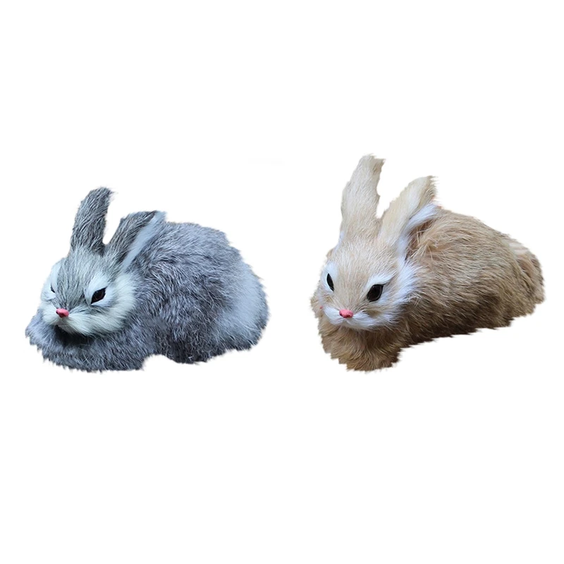 

2x 15cm Mini Realistic Cute Plush Rabbits Fur Lifelike Animal Easter Bunny Simulation Rabbit Toy Model Birthday Gift(Khaki&Gray)
