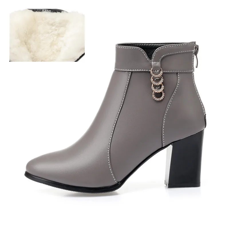 wool gray AIYUQI женские ботильоны натуральной телячьей кожи Модные женские ботинки красного цвета с заостренным носком, со стразами на высоких каблуках зимние Свадебный ботинок - Цвет: wool gray