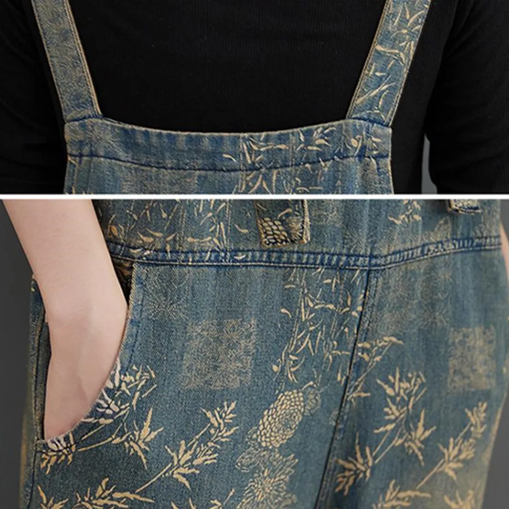 Джинсовый комбинезон с широкими штанинами джинсовый в стиле ретро на бретелях