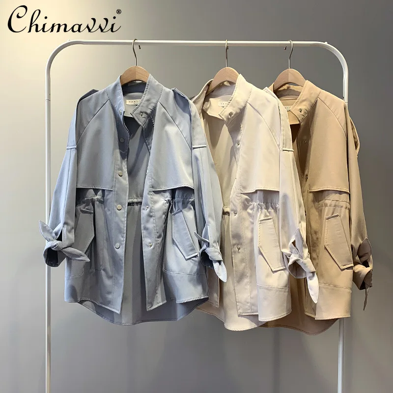 

Simple Windbreaker for Women 2021 Spring New Korean Fashion Long Sleeve Stand Collar Top Loose Slimming Casual Coat All-match