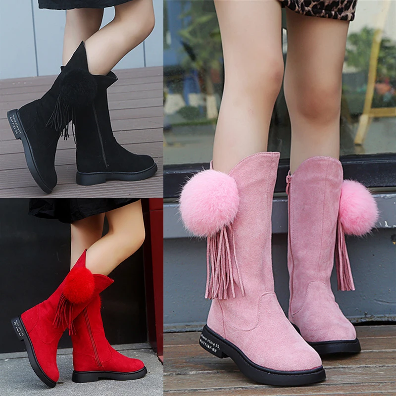 Ботинки с бахромой для девочек #27 37 Детские дизайнерские зимние ботинки помпоном