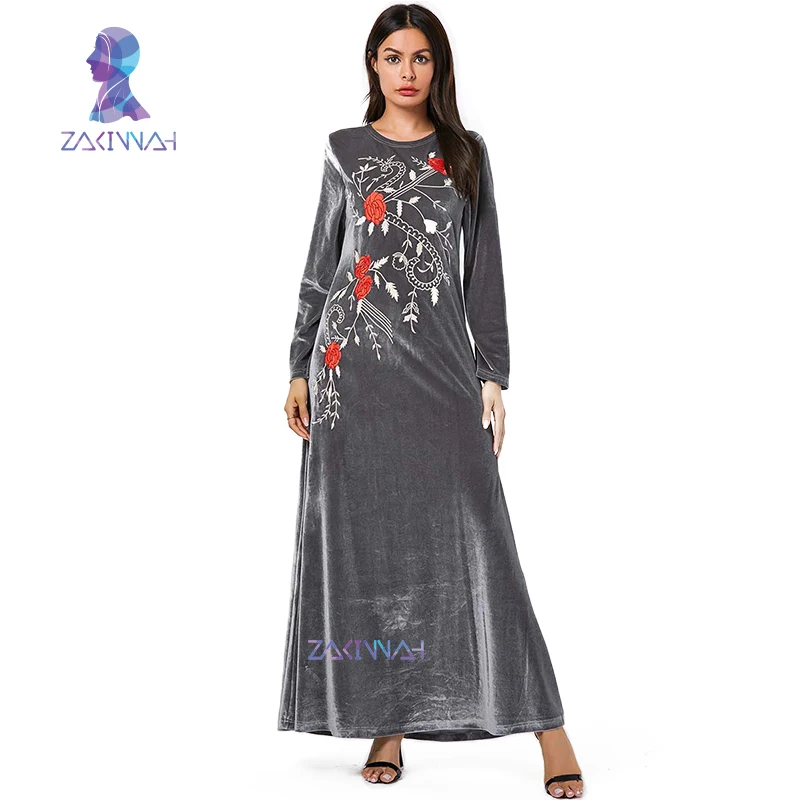 9117 размера плюс костюм женский серебристо серый вышитый Золотой Бархат с длинным