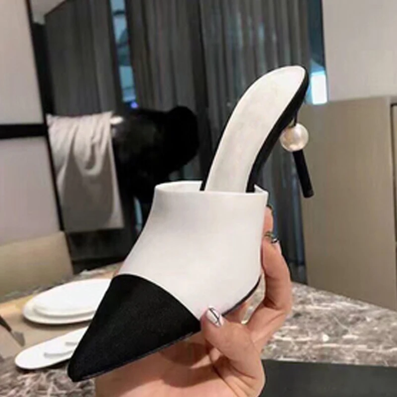 

Pointed Toe Real Leather Pearl Decor Woman High Heel Slippers Classic Comfortable Casual Thin Heels Wedding Apricot Shoes