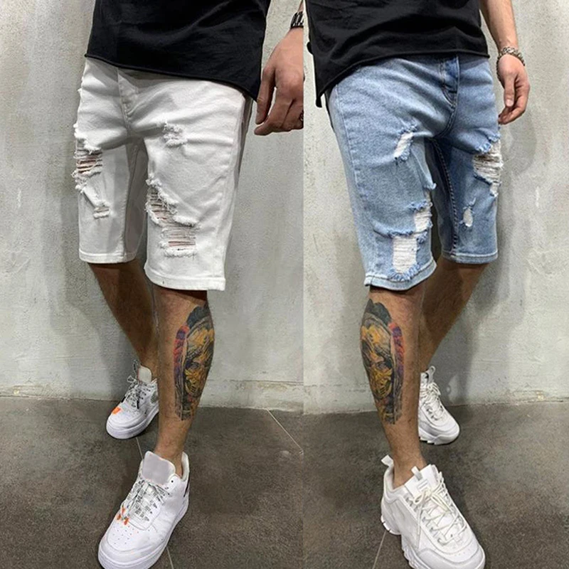 Summer Men White Skinny Ripped Denim Shorts Fashion Destroyed Frayed Short Jeans Men Casual Stretch Distressed Knee Length Jeans