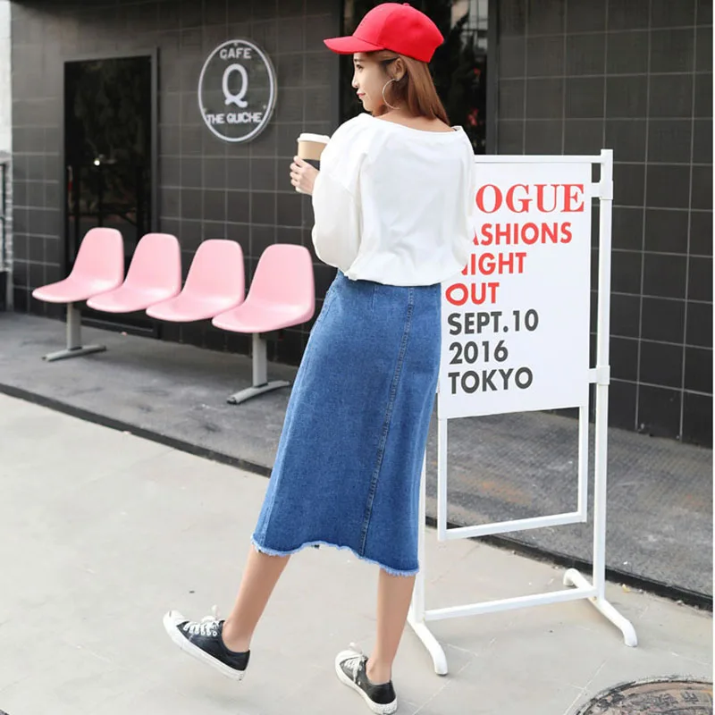 

2021 Summer Korean Style High Waist White Denim Skirt For Women Black Casual Pockets Ladies Split Midi Jeans Skirt Mujer Falda