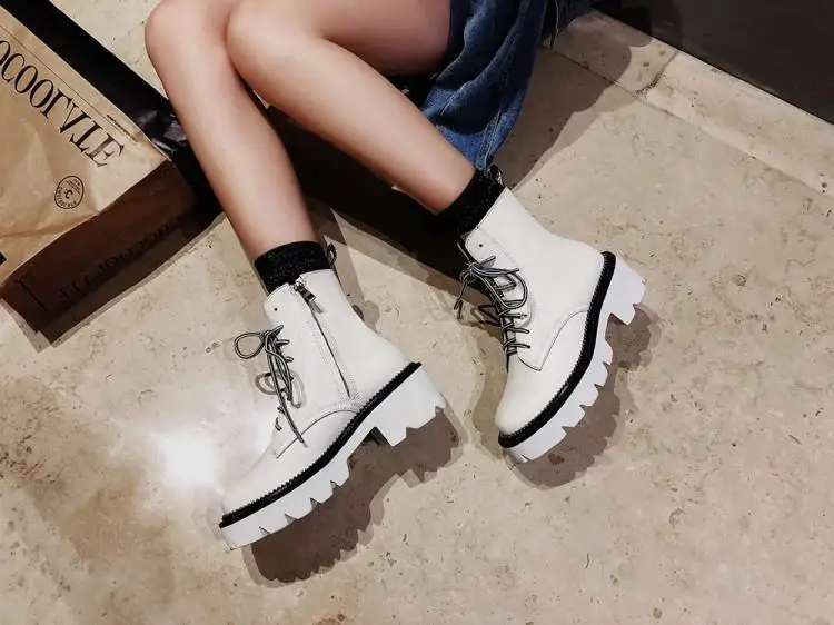 Buono Scarpe Mixed Color Women Ankle Boots Lace Up Female Ankle Botas Mujer Thick Bottom Genuine Leather Boots Fenimina Non-Slip