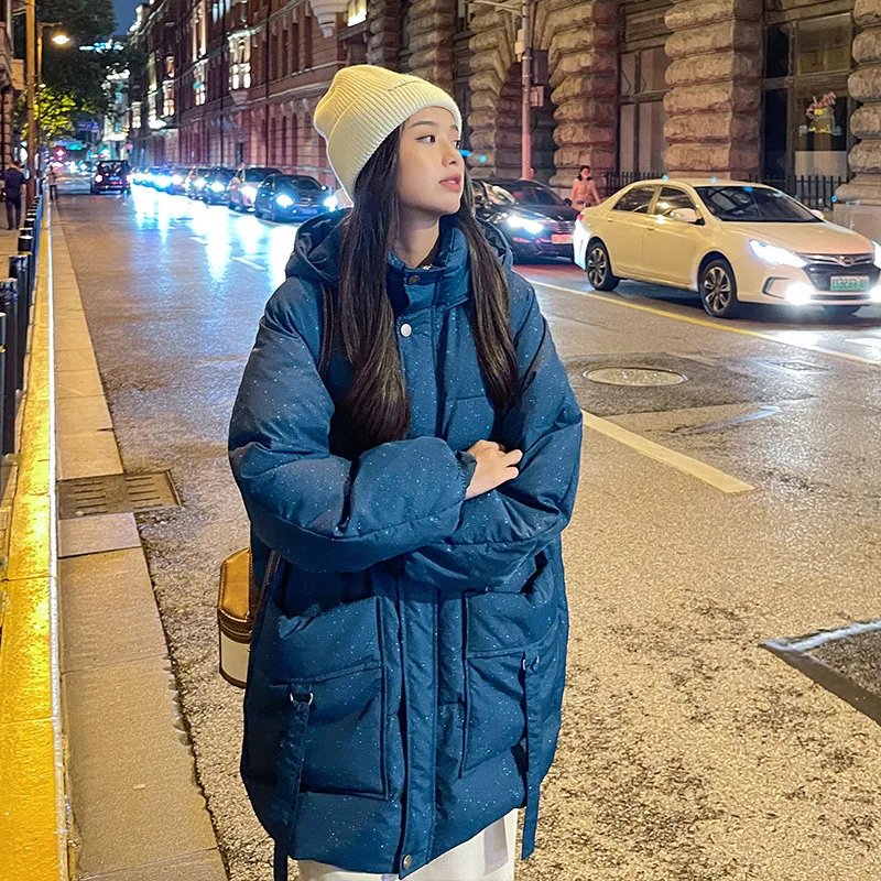 Starry Khaki Down Jacket Women's Winter Long Hooded White Duck Down Loose Thick Coat