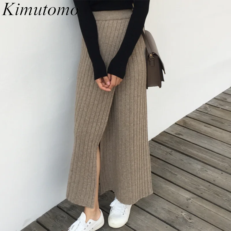 

Kimutomo шикарная нежная женская юбка весна 2022 новая однотонная простая темпераментная Длинная вязаная юбка с высокой талией и разрезом