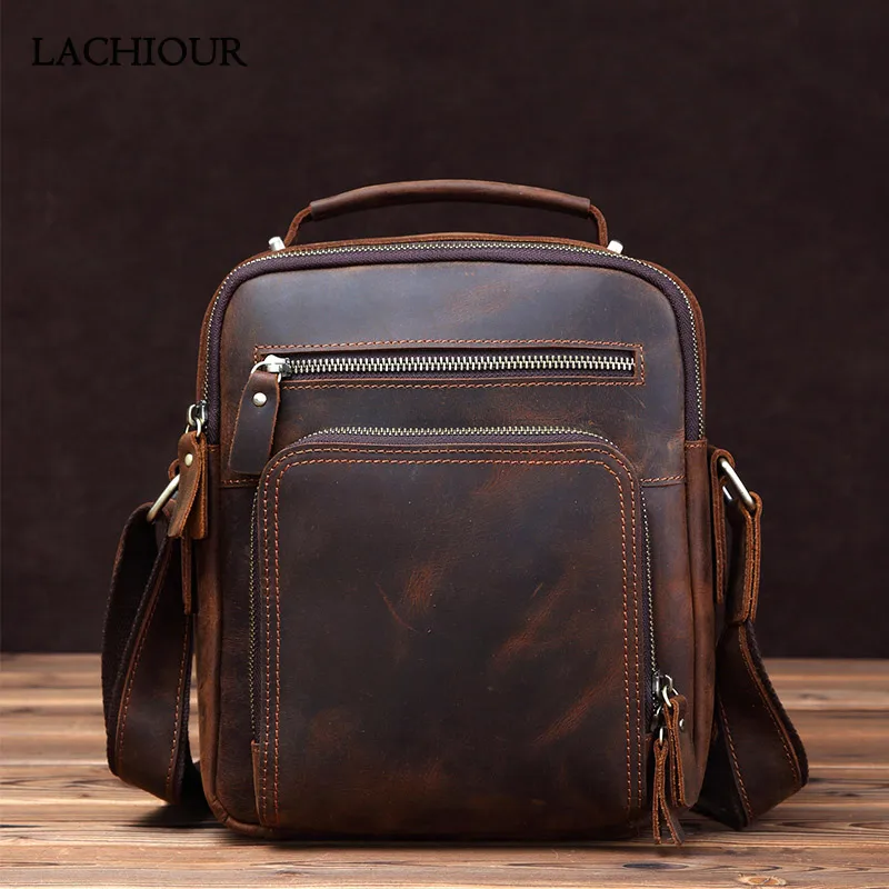 Vintage Crazy Horse Leather Messenger Bag Men Middle Travel Leather Handbags Bags Business Men's Cowhide Leather Shoulder Bag