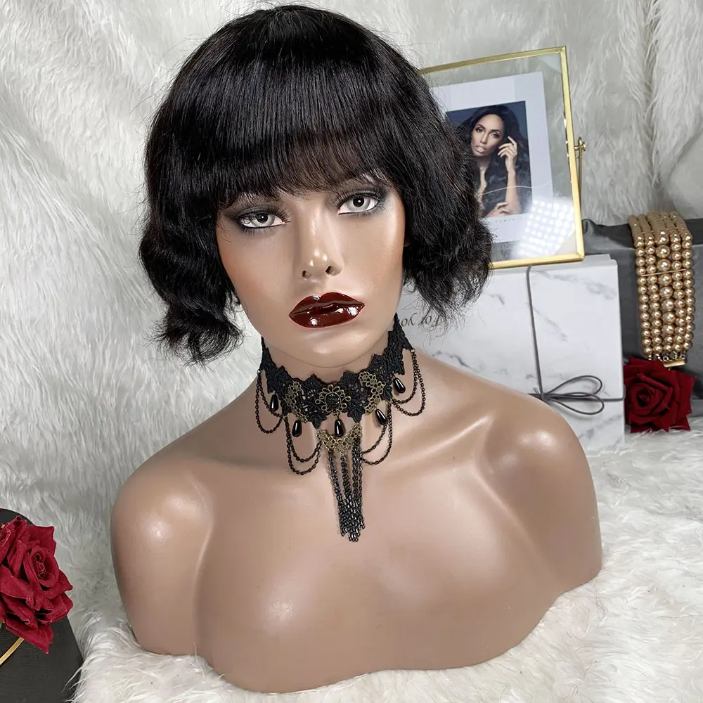 

Short Bob With Bangs Body Wave Wigs Brazilian Hair Natural Color Full Machine Made Wig 100% Human Hair Short Bob Body Wave Wig