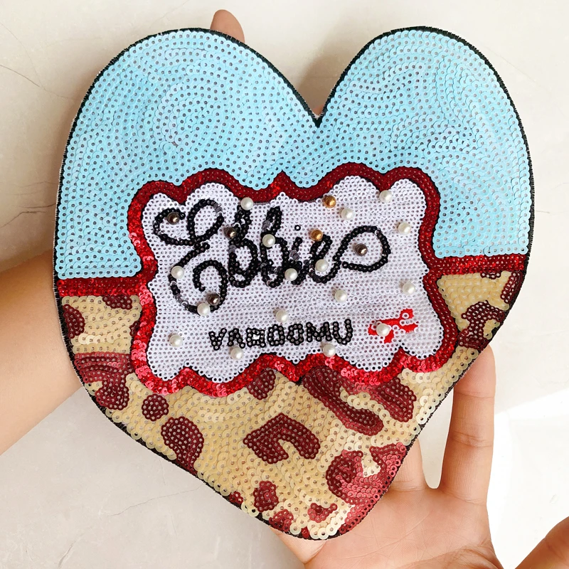 

Wholesale patches Badges Heart-shaped Sequins patch Reversible Sequin Letters Embroidered Clothing Accessories