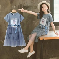 girls dress summer cartoon children mesh cotton polyester youth blue pink lace bow princess 7 to 12 years old casual childrens