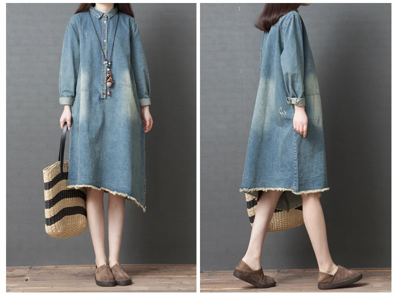

Autumn Vintage Denim Dress Women Korean Casual Long Sleeves Loose Irregular Jeans Dresses Retro Cowboy Mini Summer Dress Female