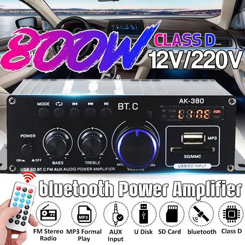 

AK380/AK370/AK170 400W*2 2 Channel bluetooth HiFi Power Amplifier Home Car Audio Class D Remote Control FM Radio AUX USB/SD