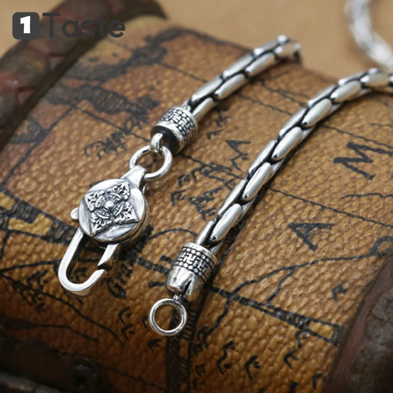 

ONE TASTE 925 Sterling Silver 3mm-width Link Chain Men's Necklace Thai Silver Vintage Trendy Vajra Mantra Necklace Fine Jewelry