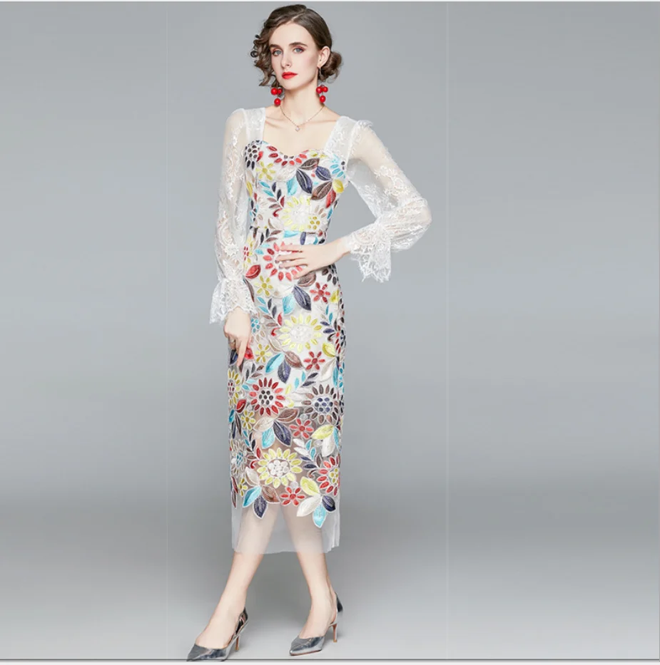 

New Women's Clothing For Spring Dresses 2021 V-neck Lady Flared Sleeve Embroidery Hip Skirt Long One-step Skirts Sexy Slim Dress