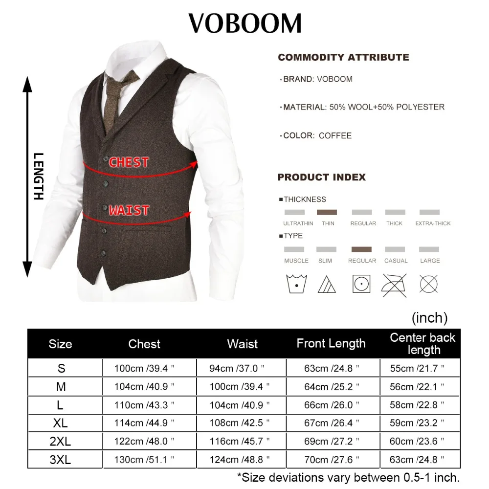 VOBOOM, шерстяной твидовый жилет, мужской костюм, жилет, кофейный, коричневый, елочка, Мужская одежда, жилеты, свадебные, с воротником, 018