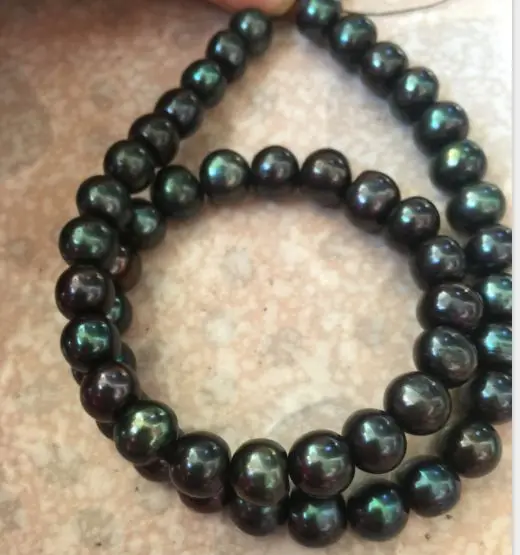 

stunning 11-12mmAAA freshwater round black green pearl necklace 18inch 925silver