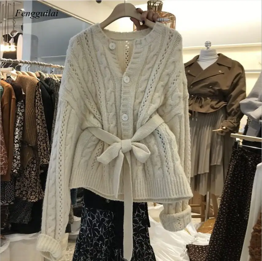

Women Knit Cardigan Twist Korean Sashes Slim Waist Sweater Coat 2020 Autumn Single Breasted O-neck Jacket Kintwear
