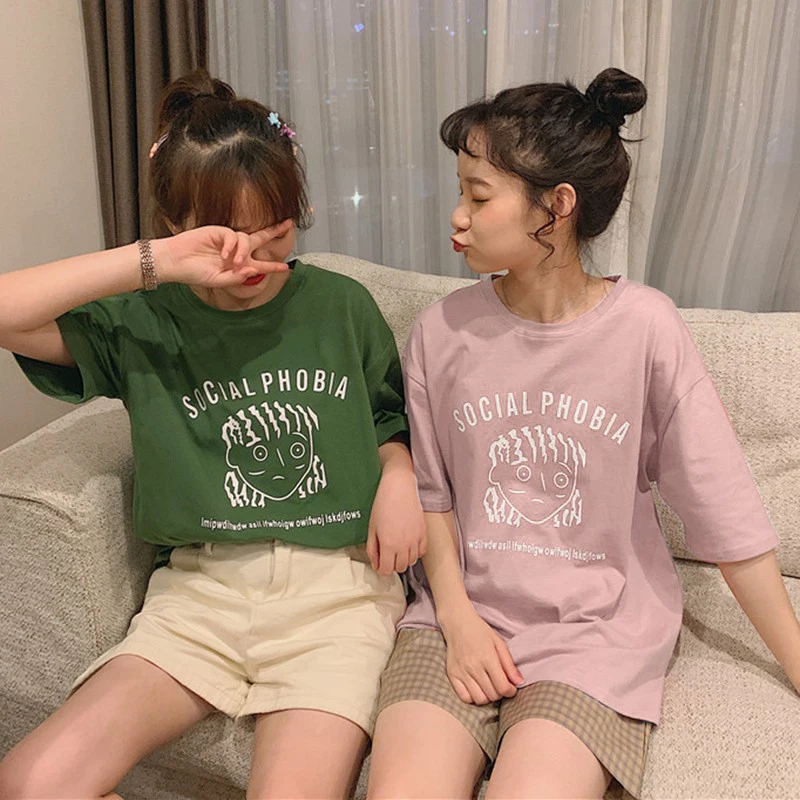 

Women Summer Crew Neck College Wind Short Sleeve Cartoon Print Loose T-Shirt Versatile Tops