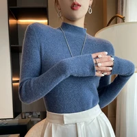 2021 woman winter 100 cashmere sweaters knitted pullovers jumper warm female mock neck blouse blue long sleeve clothing