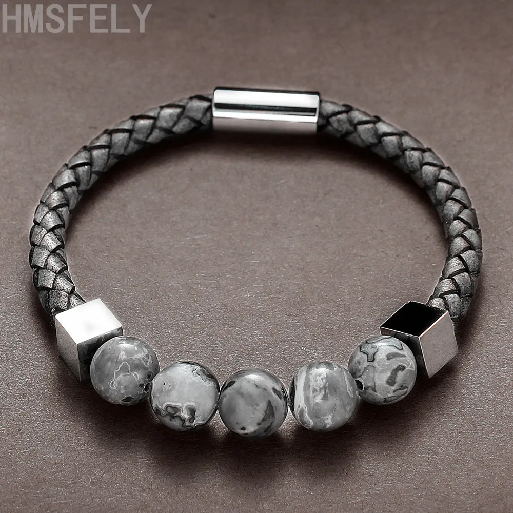 HMSFELY Ретро стиль мужской кожаный браслет с бисером ювелирные изделия серый