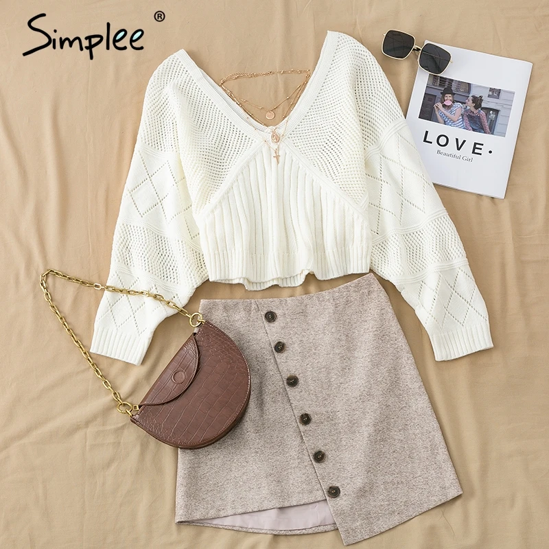 Простой вязаный свитер с v-образным вырезом Женский Повседневный Свободный