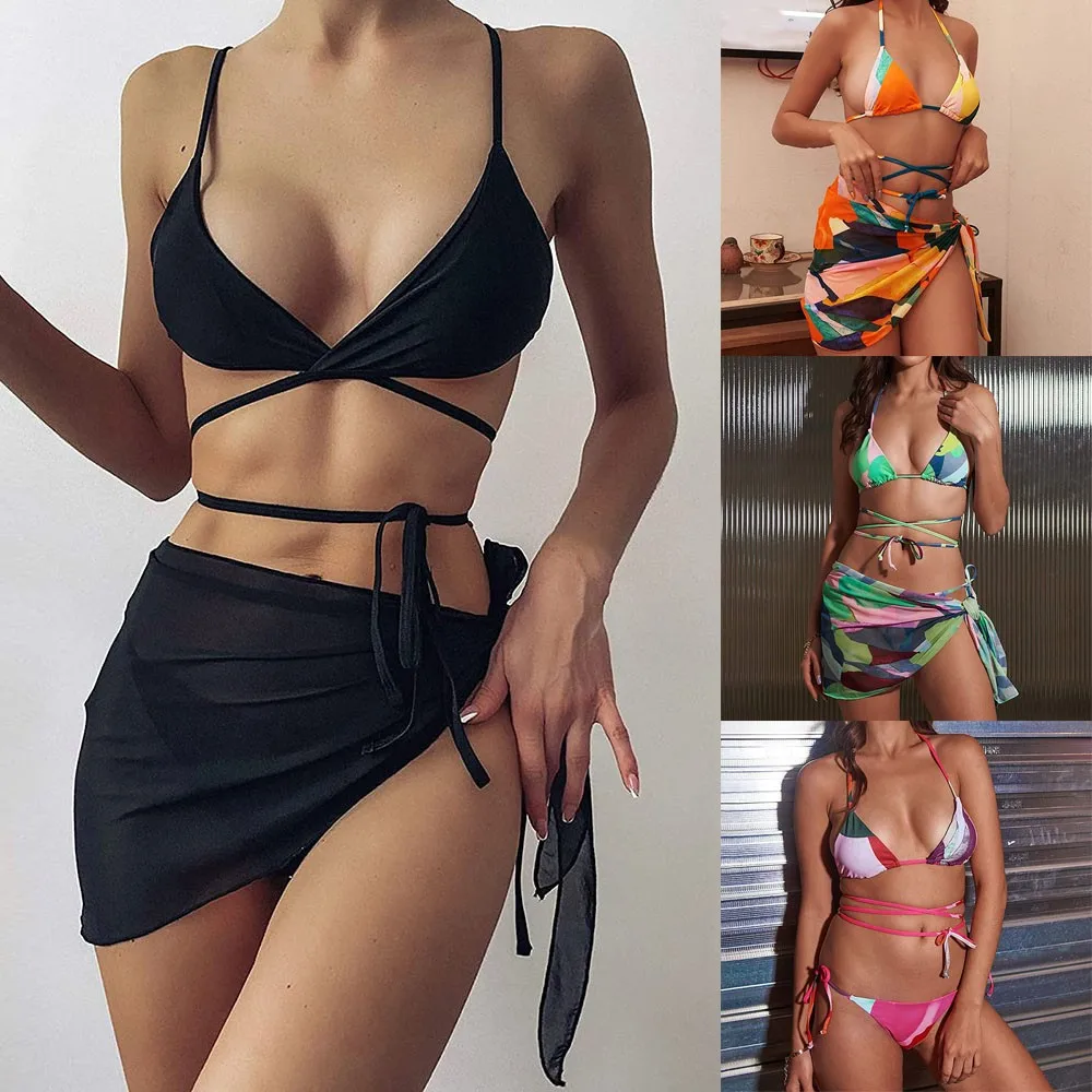 

3PCS Womens Printed Bikini Set Bra G-string Skirt Swimsuit Beachwear Swimwear Underwear Matching Suit Female Summer Hot Cool New