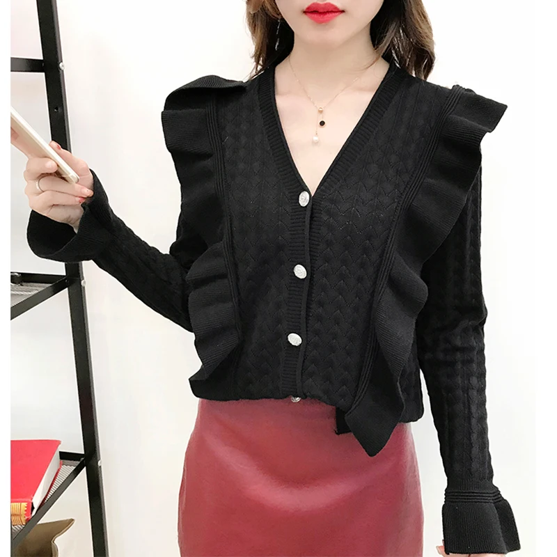 Женский трикотажный кардиган с оборками однобортный ажурный в стиле ретро