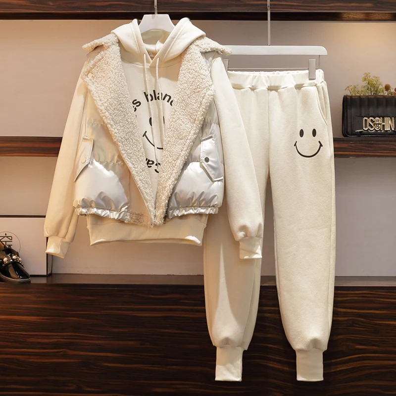 Large Size Women Winter Warm sports suit Fashion Hooded Top+pant Three piece set Jacket Sportwear Casual tracksuit Matching 4XL