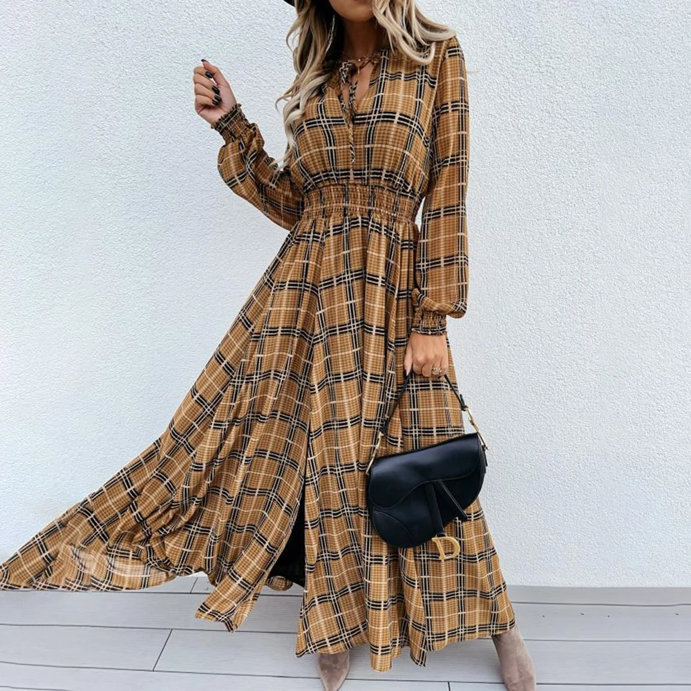 

Casual Long Sleeve Maxi Dress Autumn Fashion Deep V-neck Lace Up Long Dresses 2021 Winter Elegant A-line Slit Plaid Robe Femme