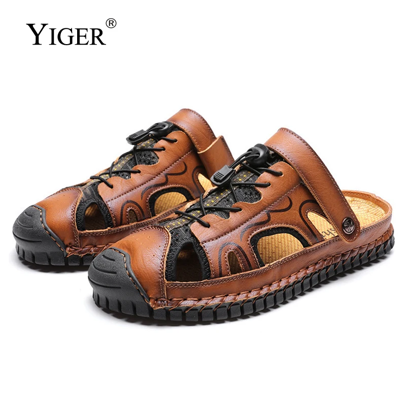

Сандалии YIGER мужские из натуральной кожи, пляжные шлепанцы, летняя Уличная обувь для отдыха, большие размеры