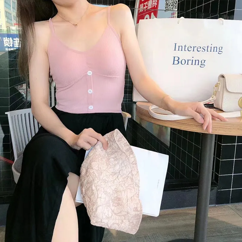 

Women Camisole Sling Tank Top Summer New Button V-neck Cotton Vest With Removable Chest Pad