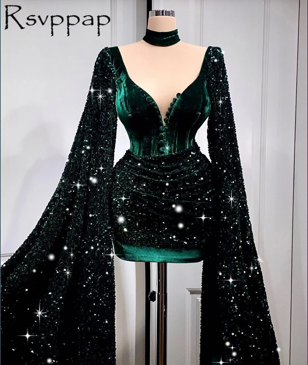 

Short Prom Dresses 2021 African Girl Dark Green Sparkly Sequin V-neck With Long Sleeves Party Prom Dress