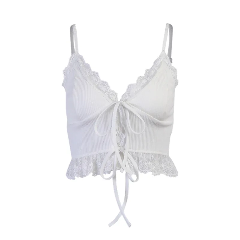 

FAKUNTN Crop Top For Women Clothing 2021 Camisole Deep V-Neck Lace Backless Streetwear Summer Clothes Women Vintage Tank Top